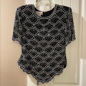 Laurence Kazar Black and White Embellished Asymmetrical Silk Blouse XL